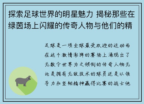 探索足球世界的明星魅力 揭秘那些在绿茵场上闪耀的传奇人物与他们的精彩人生